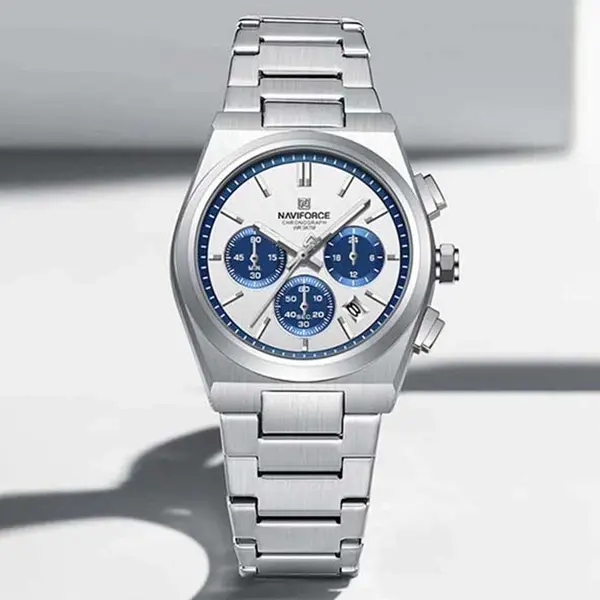 Naviforce NF8048 High Quality Stainless Steel Chronograph Classic Stylish Couple's Watch – Dial Color: Blue, Strap Color: White – View 2